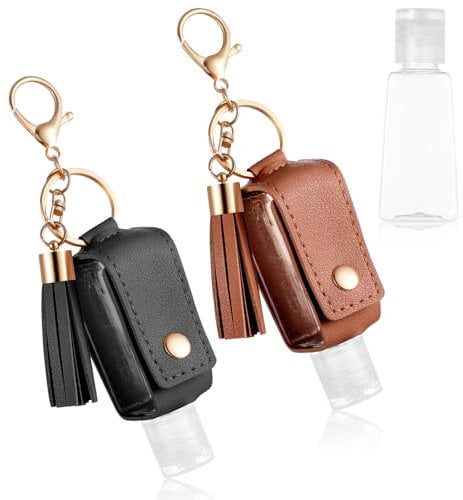 Grevosea 2Pcs Hand Sanitizer Holder, 30ml Portable Leather Hand Sanitizer Travel Size Keychain Empty Squeeze Bottles Refillable Container for Toiletry Lotion Liquid Soap Shampoo (Black+Brown)