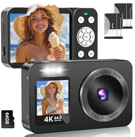 Fotocamera digitale 4K 64MP con scheda SD 64G, doppio schermo anteriore e posteriore, zoom digitale 18x, mini fotocamera portatile compatta per vlogging, 2 batterie, per bambini, adolescenti, studenti