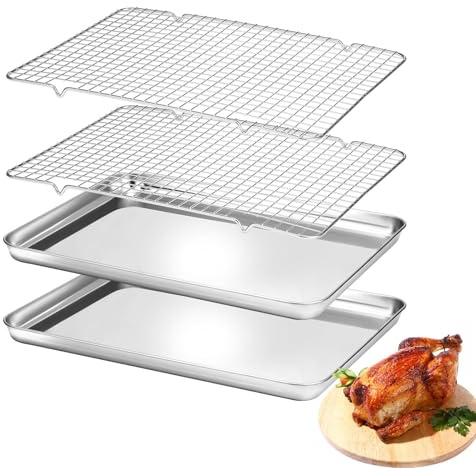 BEWOS 4 Stücke Backblech mit Abkühlgitter - Edelstahl-Tief-Backblech, Spülmaschinenfest und Langlebig, Backblech für getoastete Baguetten