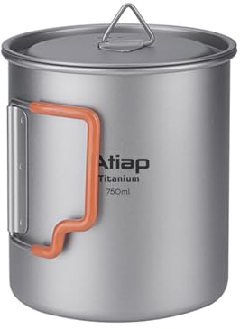 ATIAP Marmite de camping en titane de 750 ml avec couvercle, ultra légère, portable, tasse à café, tasse en titane, poignée pliable