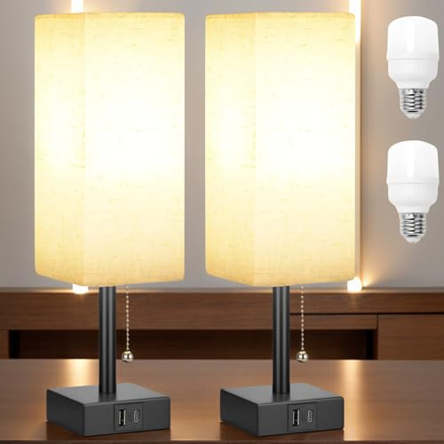 LED-Nachttischlampe mit 3 Farbtemperaturen, Kettensteuerung, Dual-USB-Anschlüsse, inklusive LED-Lampe zum Lesen, Arbeiten, Schlafen, Schwarz, 2 Stück