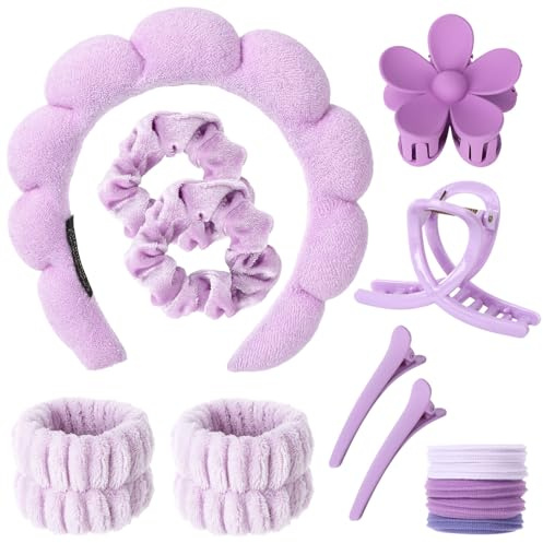 14 Stück Haarband Kosmetik Set Damen, Spa Stirnband Make Up Schwamm, 2 Bubble Headband Handgelenk, 4 Haarklammers, 7 Haargummis, Abschmink Yoga Sport Dusche Make-up-Entfernung