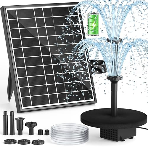 Pompa per fontana solare con batteria di riserva 7,5W, batteria integrata 3000mAh, ugelli a doppio strato 7+ modalità di spruzzo, tubo PVC 1,5m. Ideale per abbeveratoio uccelli, giardino e laghetto.
