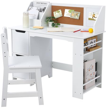 GarveeHome Conjunto De Escritorio y Silla para Niños, Mesa De Estudio De Madera con Estantería y Tablón De Anuncios, Escritorio para Ordenador Infantil con Silla para Casa y Colegio, Blanco