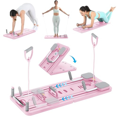 Pilates Board Set für zuhause - Faltbarer Reformer Pilates Maschine, Mini Pilates Reformer Board, Reformer für Pilates Premium Purple - inkl. Timer, Widerstandsbänder, Griffe,Rosa(New Version)