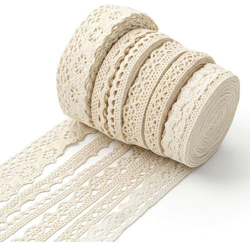 Cobee 6 Rollen 30m Vintage Creme Spitzenband,Spitzenborte Dekoband Set Dekoband Zierband Spitzenstoff für Geschenkverpackung Scrapbooking DIY Nähen Hochzeit