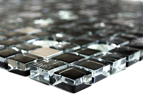 Mosaik Quadrat Crystal/Edelstahl mix schwarz/Glas Glasmosaik Transluzent Transparent 3D, Mosaikstein Format: 15x15x8 mm, Bogengröße: 60 x 100 mm, 1 Handmuster ca. 6x10 cm