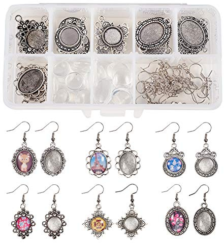 SUNNYCLUE 1 Box 72Stück 6Stil DIY 12Paare Glaskuppel Cabochon Ohrringe Selbst Machen Starter Kits Foto Schmuckzubehör Handwerk Kit zur Schmuckherstellung Frauen Fassungen für Cabochon Antik Silber
