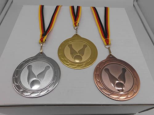 Fanshop Lünen Bowling 3 Stück Medaillen Große Metall 70mm - Gold, Silber, Bronce, Bowlen - mit Medaillen-Band - Turnier - (9302)