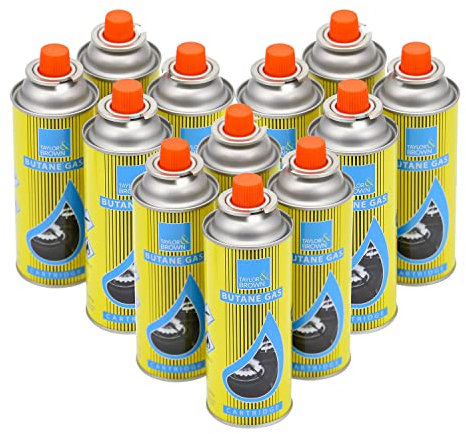 Greenfields Butane Gas Bottles Canister Camping Heater Cooker BBQ - Compact and Resealable Canister - CP 250 Valve Gas Cartridge, for Bistro and Camping Outdoors Stoves (12 Bottles)