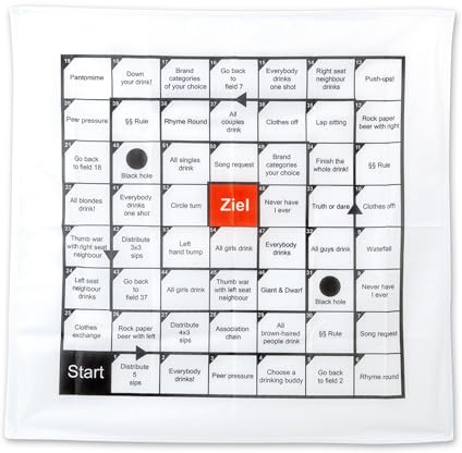 Trinkspiel Spielfeld, 54 x unterschiedliche Spielfelder, 70 x 70 cm Tischdecke gedruckt, englische Version, Saufspiel zum Vorglühen, Kater vorprogrammiert, Brettspiel Erwachsene, lustiges Partyspiel