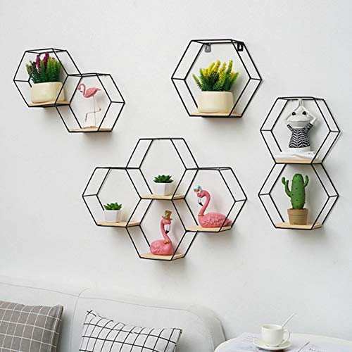 Bluelanss Hexagon Wandregal modern aus- Holz und schwarzem Metall, Gewürzregal im Industrie Design, Küchenregal, Wanddeko, Hängeregal, Wandboard freischwebend, Schweberegal Schwarz S