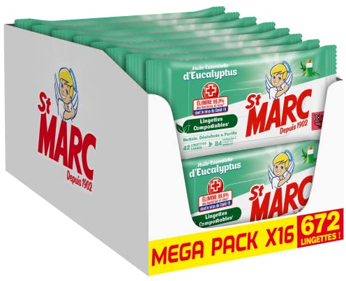 St Marc Lingettes Désinfectantes et Compostables à l'Huile Essentielle d'Eucalyptus - Lot de 16-672 Lingettes Nettoyantes