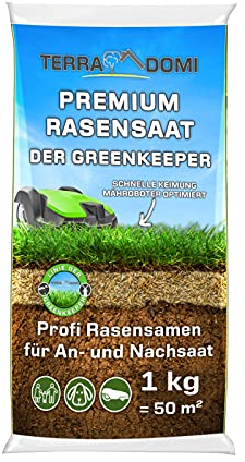 TerraDomi Premium Rasensamen für An-& Nachsaat I Schnellkeimend, robust und für einen dichten grünen Rasen I Mähroboter optimiert I 1kg für 50m²