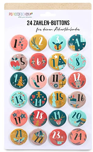 Papierdrachen 24 Adventskalender-Zahlen Buttons 35mm - Anstecknadeln zum Dekorieren von Adventskalendern - mit Zahlen von 1-24 - Bunt - Ideal für Stoffsäckchen, Tüten und Beutel