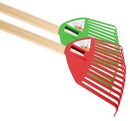 vom Pullach Hof Kinder Rechen Laubrechen 2er Set für Garten Sandkasten Kinderrechen Gartenwerkzeug Laubbesen mit Holzstiel (1x rot + 1x grün)