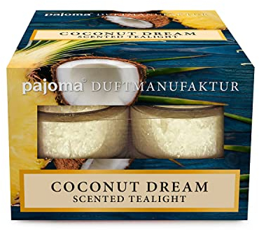 pajoma® Duftteelichte 12 Stück, Coconut Dream | mit Stearinsäure-Wachs in Polycarbonathülle | Brenndauer ca. 3 Stunden - Höhe 1,5 cm ø 3,5 cm | Premium Qualität | Deko, Gastronomie, Outdoor