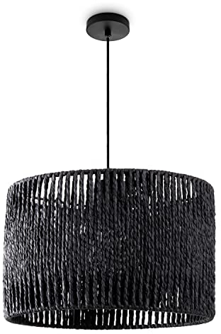 Paco Home Pendelleuchte Esstisch Papier Boho Hängelampe Esszimmer Lampe E27 Hängeleuchte Rattan, Farbe:Schwarz (Ø32cm), Leuchtenart/Farbe:Pendelleuchte - Schwarz