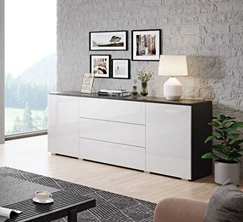 Kommode 150 cm Paris, Schublade, Wohnzimmer-Kommode, Wohnzimmer-Beistellschrank, moderne Wohnzimmermöbel (Matera/Weiß)