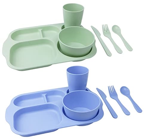 Greenandlife 12 Pcs Reusable Plastic Plates and Bowls Set for Kids Plate, Bowl, Cup, Fork, Spoon, Knife,Microwave & Dishwasher Safe (Blue+Green)