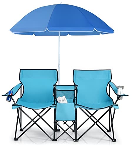 COSTWAY 2 Sillas de Camping con Sombrilla, Sillas Playas Plegables Doble, Portavasos, Bolsa Nevera, Bolsilla Lateral, Bolsa de Transporte, Exterior Picnic Senderismo Barbacoa, 160x56x178cm (Verde)
