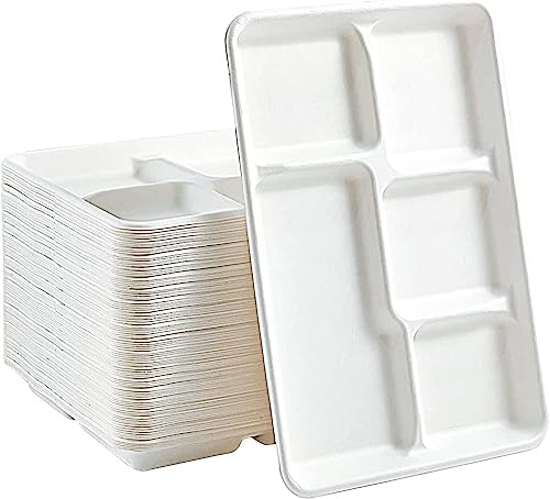 Catermax 100% Compostable and Biodegradable Eco-Friendly Disposable Plate, Sugarcane Extra Strong 3 and 5 Compartment White Bagasse Plate Tray ([50-Pack/5CP Tray])