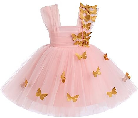 FYMNSI Robe de Princesse Pour Bébé Fille - Baptême, Mariage, Soirée - Papillon, Tulle - Rose et Doré, 18-24 Mois