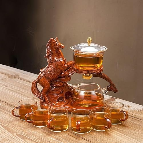 MOZEO Glass Teapot Set Semi Automatic Rotating Cover Bowl with Infuser Lazy Kungfu Tea pot Set (Teapot set, Horse)