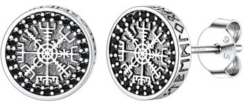 Boucles d'Oreills pour Homme Femme Argent 12mm Rond Boussole Stéréoscopique Zircon Noir Lune Rune Clous d'Oreilles antique Garcon Bijoux Cadeau Pink