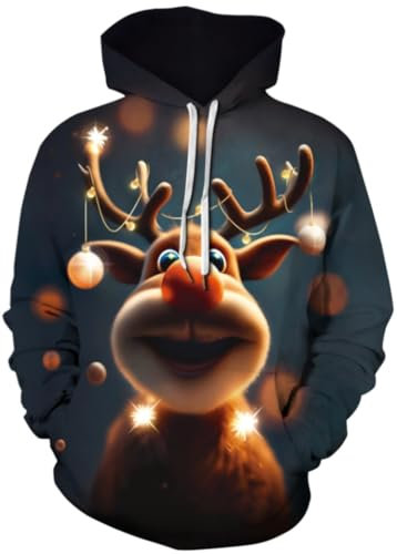 Ocean Plus Herren Weihnachten Thema Digitaldruck Kapuzenpullover mit Kängurutasche Lange Ärmel Hoodie mit Kordelzug Pullover mit Kapuze (L (Brust: 117-137CM), Leuchtender Rentier)