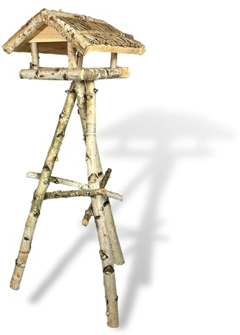 GARTENETAGE Vogelhaus Birke mit Ständer und Reetdach/Vogelhaus mit Ständer wetterfest und stabil/Vogelfutterhaus mit Ständer/Robustes Vogelhäuschen für Ihren Garten