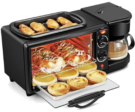 3 in 1 Frühstücksstation, Tragbarer 12 Liter Ofen Frühstückszubereiter mit Kaffeemaschine, Toaster Ofen Bratpfanne mit Deckel, Timer, Antihaftbeschichtete Grillplatte für Brot,