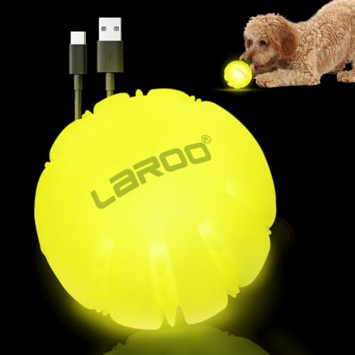 LaRoo Leuchtender Ball, LED-Hundeball Interaktiver, Geeignet für Wurfspiele Im Freien, Hundespielzeug für Dunkelheit,USB-Aufladung,Silikonmaterial, Kleine und Mittelgroße Hunde, 2.5 Zoll (Gelb)