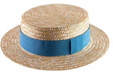 Classic Italy - Chapeau canotier Paille Paille Finement tressée Homme ou Femme Guinguette - Taille 59 cm - Bleu