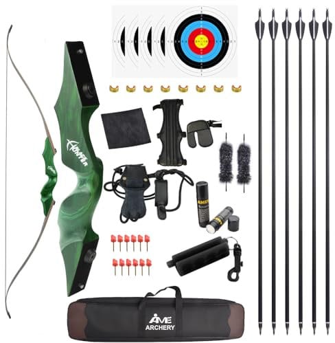 60 Schwarzer Jäger Original Recurve Bogen Set Amerikanischer Jagd-Langbogen Bogenschießen Holzbogen 20-60lbs Rechts/Linkshänder für Bogenschießen Jagd Schießen Praxis (Rechte Hand Set grün, 20Ibs)