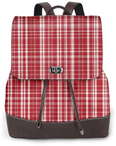 SSIMOO Damen-Rucksack, kariert, Rot und Schwarz, Leder, modisch, doppelte Schultertasche, mit Metallschnalle, Klappdeckel, Schwarz, Einheitsgröße