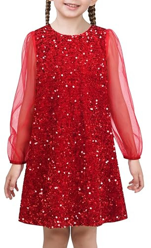 Girls Dress Red Sequin Mesh Sheer Long Sleeve Party Princess Wedding Age 7 Years