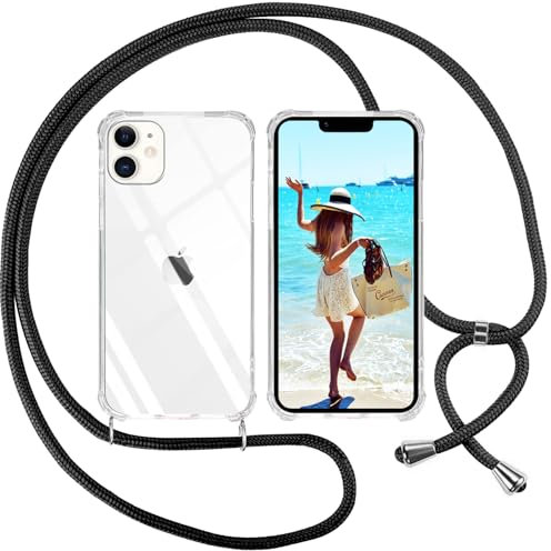 Ingen Funda con Cuerda para iPhone 11 - Carcasa Transparente TPU Suave Silicona Case con Colgante - Negro