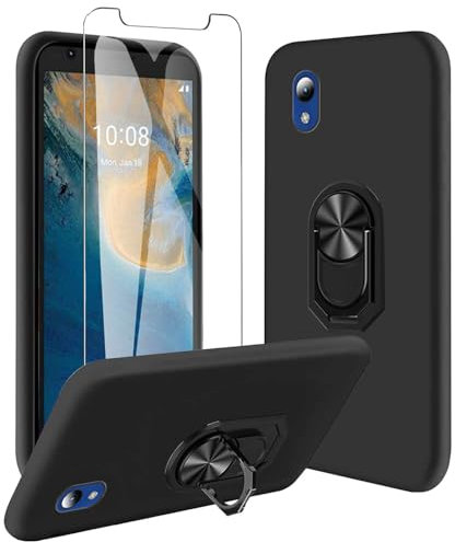 JDXHFF Funda Compatible con ZTE Blade A31 Lite (5.0) Negro con 360 ° Soporte Giratorio con Vidrio Templado Película Protectora - Carcasa Silicona TPU Suave Caso Case Black