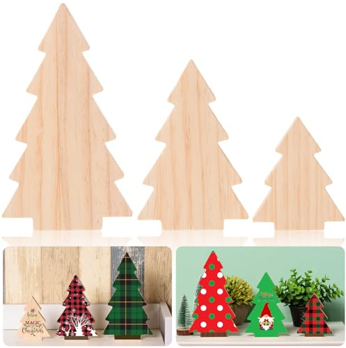 AWIZOM 3 Stück Weihnachtsbaum-Holzausschnitte, unlackiertes Holz, Tischschilder, blanko, Holzblöcke zum Bemalen, Basteln, Weihnachten, Urlaub, Zuhause, Regal, abgestufte Tablett-Dekorationen, 3 Größen