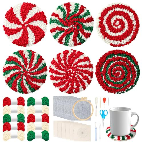 WATINC Christmas Punch Needle Coaster Kit - 22Pcs Crafts Punch Needle Coasters Kits for Beginners, Christmas Candy Coaster Tufted Rug Pads with Adhesive Felt Yarns Embroidery Hoop Instruction