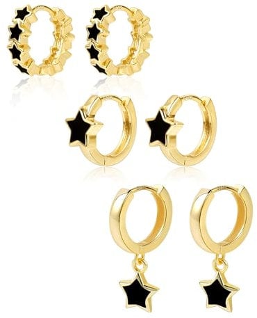 ALEXCRAFT Gold Earrings for Women Hoops Star Gold Earrings Hoops Gold Stud Earrings for Women Birthday Gifts for Women Sets for Multiple Piercings Studs Huggies Helix Stackable Sleeper Black Star