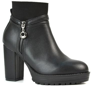 ESSEX GLAM Women's Heeled Boots Ladies Platform Block Heel Zip Deco Black Synthetic Leather Ankle Booties Size 7