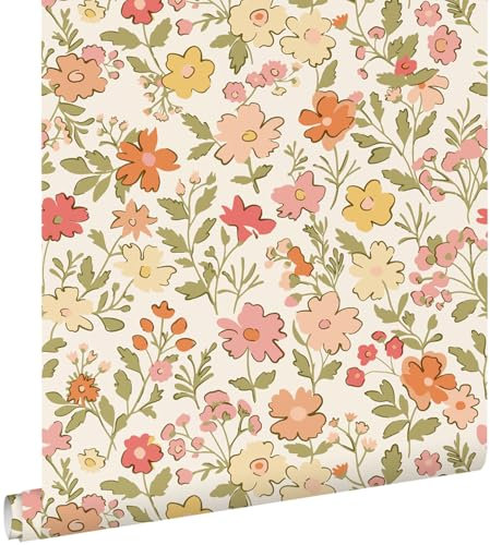 Esta Home Tapete Blumen Rosa, Grün, Gelb und Orange 50 x 900 cm