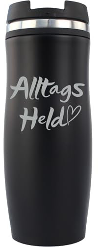 Geschenkissimo Alltagsheld Becher - Schwarzer Edelstahl Kaffeebecher mit Gravur „Alltagsheld“, 0,4L, stilvolles Geschenk zu Geburtstag, Jubiläum oder Vatertag - Geschenkideen
