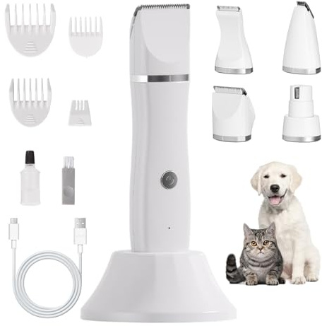 4 en 1 Tondeuse Chien Set, Silencieuse Tondeuses Étanchéité IPX7 pour Chien eu Chat, Sans Fil Fondeuse Toilettage pour Animaux, Tondeuse Électrique pour Chiens avec 4 Têtes de Coupe Multifonctions