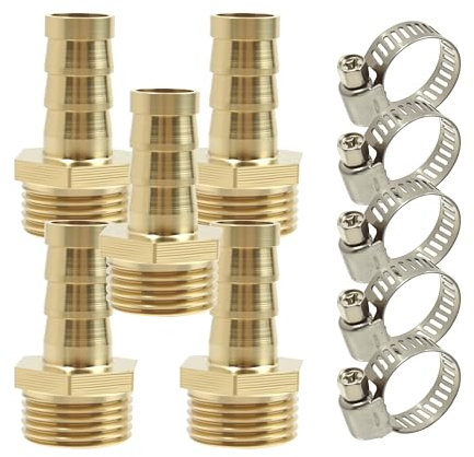5 piezas de accesorios de espiga para manguera, 3/8 BSP macho x 10 mm conector de espiga con 5 abrazaderas