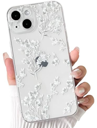 NITITOP Kompatibel mit iPhone 14 Hülle Süße Durchsichtig Klares Blume Muster für Frauen Mädchen mit Niedliche Blumenzweig-Design Weiche TPU Stoßfeste Dünne TPU Handyhülle - Weiß