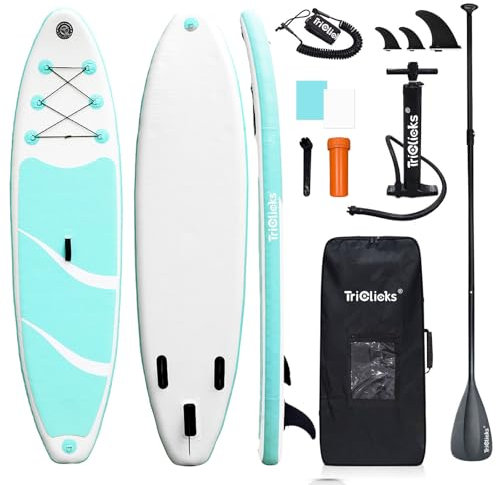Triclicks SUP Board Aufblasbares Stand Up Paddle Board Paddling Board Surfboard mit Verstellbares Paddel, Handpumpe mit Druckmesser, Leash, Finner, Rucksack, 300 x 76 x 15cm (Blau )