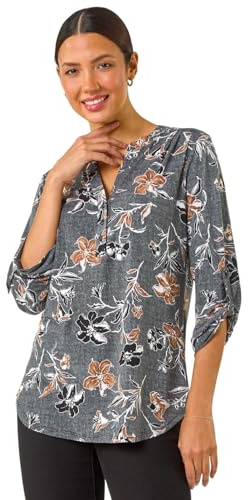 Roman Originals Shirt for Women UK Ladies Top Collarless Blouse Stretchy Tunic Smart Casual Autumn Winter Jersey 3/4 Length Sleeve Notch V Neck Flattering Office Work - Dark Grey - Size 14